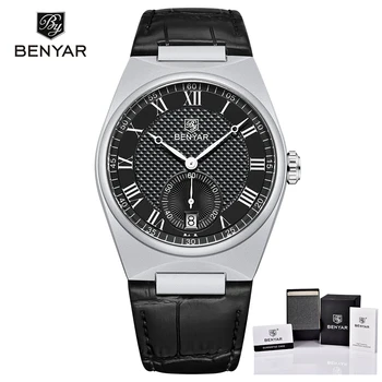 2023 Новые мужские часы Benyar Премиум-класса С черным циферблатом, кожаный ремешок, дата, мужские деловые мужские часы, водонепроницаемые роскошные мужские часы
