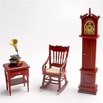 4шт Мини-гостиной 1:12, Мини-деревянные Дедушкины часы, Старый граммофон, Миниатюрное кресло-качалка, Мини-столик для миниатюрных деревянных