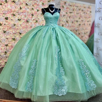 Angelsbridep 2023 Бальное платье для пышных платьев для девочек 15 лет, Бирюзовое тюлевое платье для вечеринки по случаю дня рождения, аппликации на шнуровке сзади