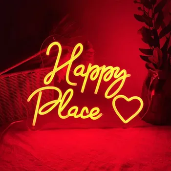 Happy Place Heart Изготовленная на Заказ Светодиодная Неоновая Вывеска Ночник Салон Красоты Бар Спальня Домашний Декор стен Свадебное Украшение Подарок на День Рождения
