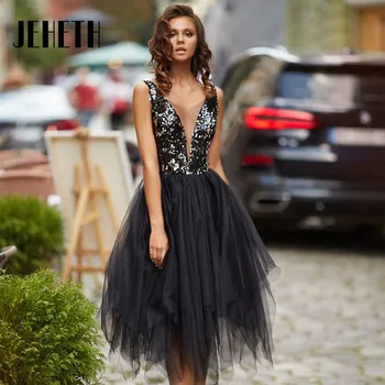 JEHETH Очаровательное Черное платье для встречи выпускников с блестками 2023, сексуальное короткое коктейльное платье из тюля без рукавов для выпускного вечера, бальное платье на заказ
