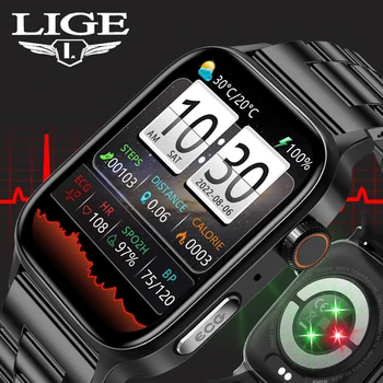 LIGE ECG Смарт-Часы Для Мужчин Bluetooth Вызов Голосового Ассистента Часы Водонепроницаемый Спортивный Браслет Температура Кислорода В Крови Смарт-Часы
