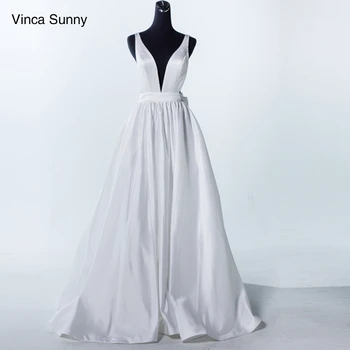 Vinca Sunny 2021 Сексуальные Свадебные платья из белого атласа с глубоким V-образным вырезом, Простое пляжное свадебное платье без спинки Vestido De Noiva Praia
