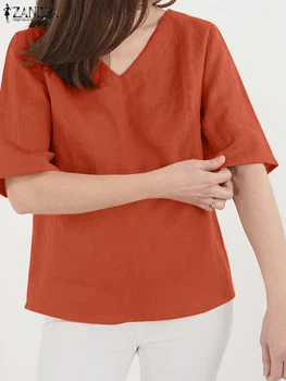 ZANZEA Femme, повседневные элегантные топы, винтажная женская блузка с коротким рукавом, однотонная рубашка с V-образным вырезом, летняя пляжная свободная сорочка для отдыха