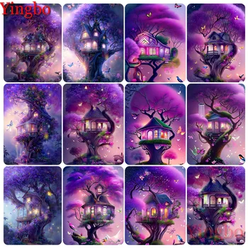 Алмазная живопись Фиолетовый мечтательный Таинственный Домик на дереве, полная Квадратная алмазная вышивка, Пейзажная картина, Мозаичный декор из горного хрусталя