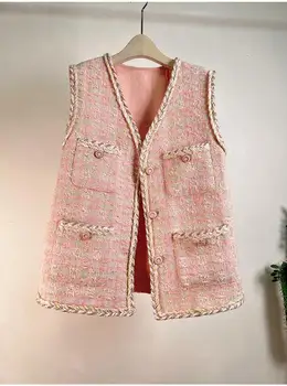 Весна/Лето 2023, высококачественный твидовый жилет, женский розовый жилет, куртка