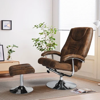 Винтажное кожаное кресло с воздушным поворотом, хромированное основание с крышкой и пуфик в тон, винтажный коричневый