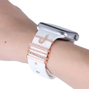 Декоративное кольцо с металлической буквой для ремешка Apple Watch, Бриллиантовое украшение, Смарт-часы, Силиконовый ремешок, Аксессуары, браслет