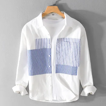 Дизайнерские мужские Классические белые рубашки 2023, Осенняя мода, Полосатое лоскутное шитье, Деловые Повседневные блузки для отдыха с длинным рукавом, топы