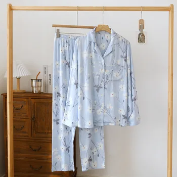 Женская весенне-летняя пижама из тонкого хлопка и вискозы с модным принтом, женские длинные брюки с длинным рукавом, домашняя одежда, пижамы