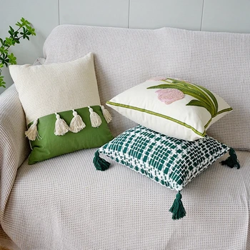 Зеленый Свежий Чехол для декоративных подушек, вышитый Тюльпанами, Чехол для подушки с кисточками, Диван-кресло для гостиной, Наволочка для прикроватной тумбочки в спальне, Наволочка для декора прикроватной тумбочки