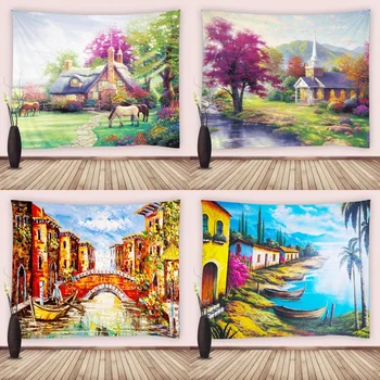 Картина маслом Деревенский пейзаж, Гобелен, висящий на стене, Натуральный Фермерский дом, мост через ручей, лодка, Гобелены для декора спальни и гостиной