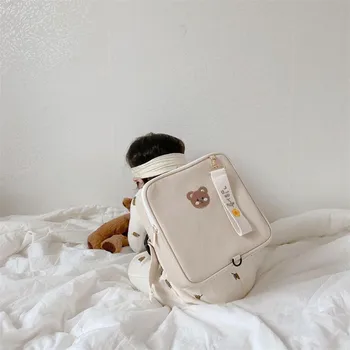 Квадратная сумка Детский рюкзак Сумки для девочек Дорожная сумка для детского сада с вышитым медведем для детского сада для хранения детских закусок