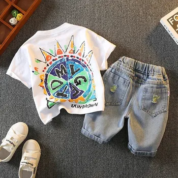 Комплект детской одежды для мальчиков 2023, летний костюм, Новая детская хлопковая футболка с круглым вырезом и коротким рукавом, Шорты, комплект из 2 предметов