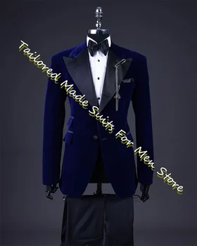 Костюм бойфренда для свадьбы 2023, темно-синий бархатный блейзер, комплекты из 2 предметов, Приталенный мужской костюм большого размера, Роскошная дизайнерская одежда