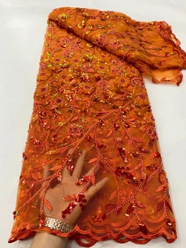Кружево из плотной высококачественной французской ткани для большой свадебной вечеринки Lady 2023 Ярко-оранжевого цвета с множеством бусин и блесток T0373-2