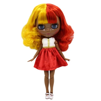Кукла ICY DBS Blyth супер черная, с темной кожей и суставами, с темно-желтыми и красными короткими волосами и вьющимися прядями. Номер BL1248 /3038