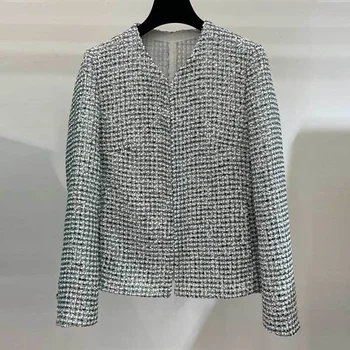 Куртка 23SS, новая мода, 100% шелк, расшитый бисером, Классическое свободное пальто с V-образным вырезом и длинным рукавом, Элегантная женская одежда высокого качества