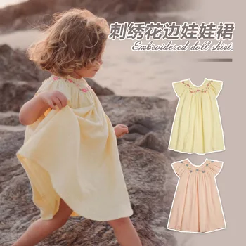 Летнее платье для маленькой девочки, ретро Национальный стиль, вышивка с цветочным развевающимся рукавом, платье принцессы, праздничный костюм, детская одежда