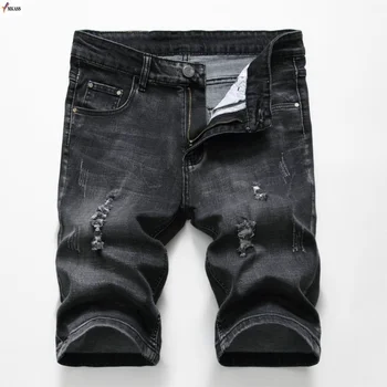 Летние джинсовые шорты Мужские Стрейчевые Облегающие Короткие джинсы Мужские Дизайнерские хлопковые Повседневные потертые шорты Длиной до колен Черные джинсовые шорты