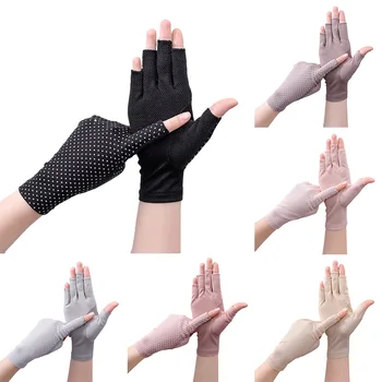 Летние Солнцезащитные перчатки Женские Тонкие Дышащие перчатки в горошек с сенсорным экраном на половину пальца Велосипедные перчатки Уличные Анти-варежки