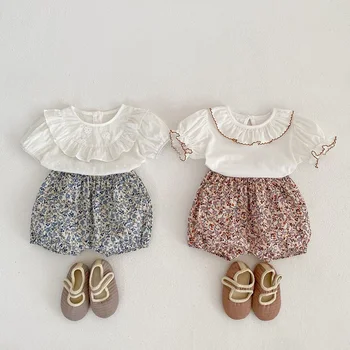 Летняя детская одежда, модная одежда для девочек, универсальная хлопковая детская рубашка с короткими рукавами + шорты с цветочным рисунком, костюм из двух предметов для маленьких девочек