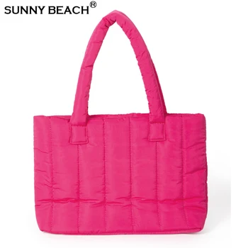 Модная Розово-красная Женская сумка 2023, Новый Дизайн, Пуховая Женская сумка, Простая Сумка Через плечо Большой емкости, сумка-тоут