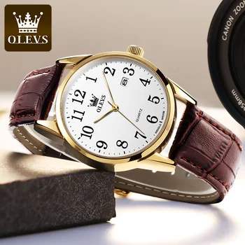 Модные кварцевые часы бренда OLEVS для мужчин, водонепроницаемые часы премиум-класса с календарем, мужские спортивные наручные часы с кожаным ремешком, 5566