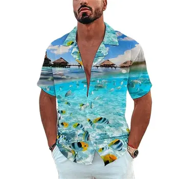 Мужская Рубашка С Принтом Морских Животных, Одежда Для Пляжного Отдыха, Гавайская Рубашка, Однобортный Отворот Для Отдыха, Модный Топ С Коротким Рукавом