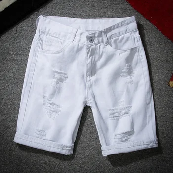 Мужские белые джинсовые шорты, Новые летние мужские повседневные шорты с дырками, джинсы, мужские хлопчатобумажные однотонные облегающие шорты, брюки длиной до колен