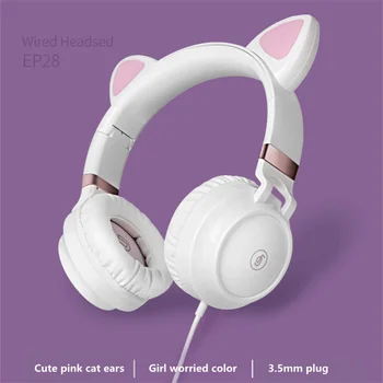 Новые милые проводные розовые наушники с кошачьими ушками с микрофоном 3,5 мм AUX music online class headset - лучший подарок для детей.