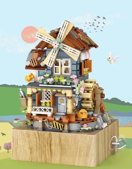 Новые Мини-блоки Детские Строительные Игрушки DIY Bricks Подарок для девочек Музыкальная Шкатулка Китайская Ветряная Мельница Дом Украшение рабочего стола Подарок