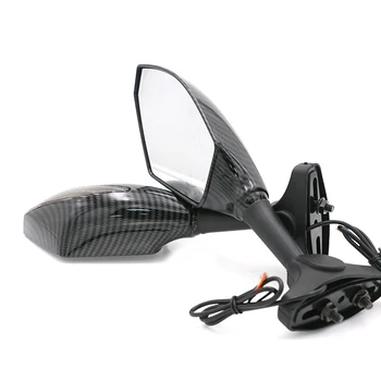 Пара мотоциклетных карбоновых зеркал со встроенным указателем поворота, боковое зеркало заднего вида, Передняя задняя светодиодная подсветка для Honda Suzuki Kawasaki