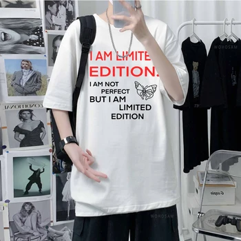 Повседневные Мужские футболки I AM LIMITED EDITION С Буквенным Слоганом И Графической Уличной одеждой, Футболки Корейской версии, Хлопковая футболка Оверсайз
