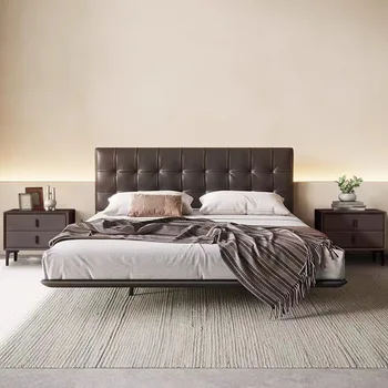 Подвесная кровать Yiluo из натуральной кожи, легкая роскошь, современная главная спальня, черная кожаная кровать с застежкой, обивка из массива дерева