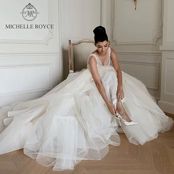 Свадебные платья трапециевидной формы Michelle Royce Для женщин 2022, Аппликации из кристаллов, Свадебное платье со шлейфом на молнии, Vestido De Novia