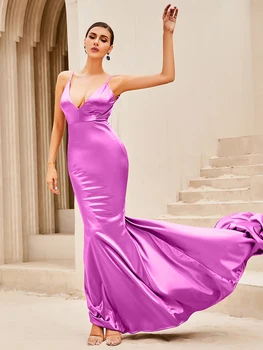 Сексуальное Длинное платье с Глубоким V-образным вырезом и Розово-Красным Полым Ремешком на Бретелях Без Спинки LM81222-1