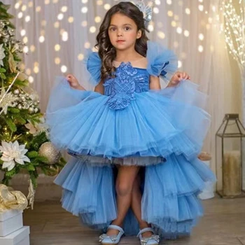 Синие платья с короткими рукавами для девочек в цветочек, пышные аппликации из тюля для свадеб, Первого причастия, бальное платье принцессы