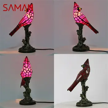 Стеклянная настольная лампа SAMAN Tiffany, винтажная светодиодная настольная лампа Red Bird, креативное настольное освещение для домашнего кабинета, прикроватной тумбочки в спальне.