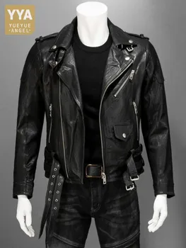 Уличная куртка из натуральной кожи в стиле панк, мужская куртка с отложным воротником, тонкое черное короткое пальто на молнии, мужские мотоциклетные куртки из овчины