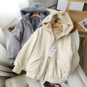 Утолщенная куртка-пилот, женское свободное плюшевое пальто 2023, осенне-зимнее теплое стильное пальто на молнии с длинным рукавом и капюшоном, женское